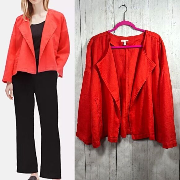 Eileen Fisher Organic Linen Red Waterfall Open Front Jacket XL Minimalist - Picture 1 of 16